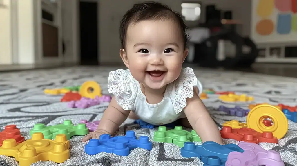 adorable baby playing with colorful toys